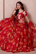 Scarlet Red Floral Print Chiffon Lehenga Choli