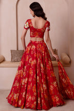 Scarlet Red Floral Print Chiffon Lehenga Choli