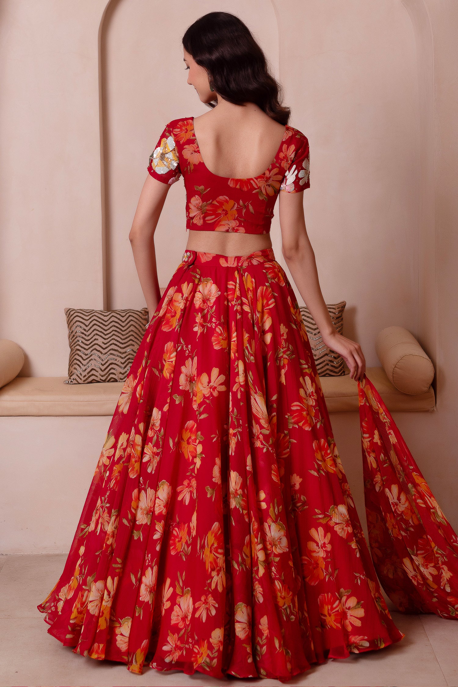 Scarlet Red Floral Print Chiffon Lehenga Choli