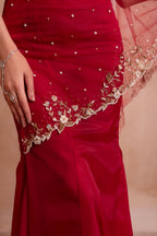 Deep Red Organza Mermaid Pearl Embellished Draped Lehenga Set