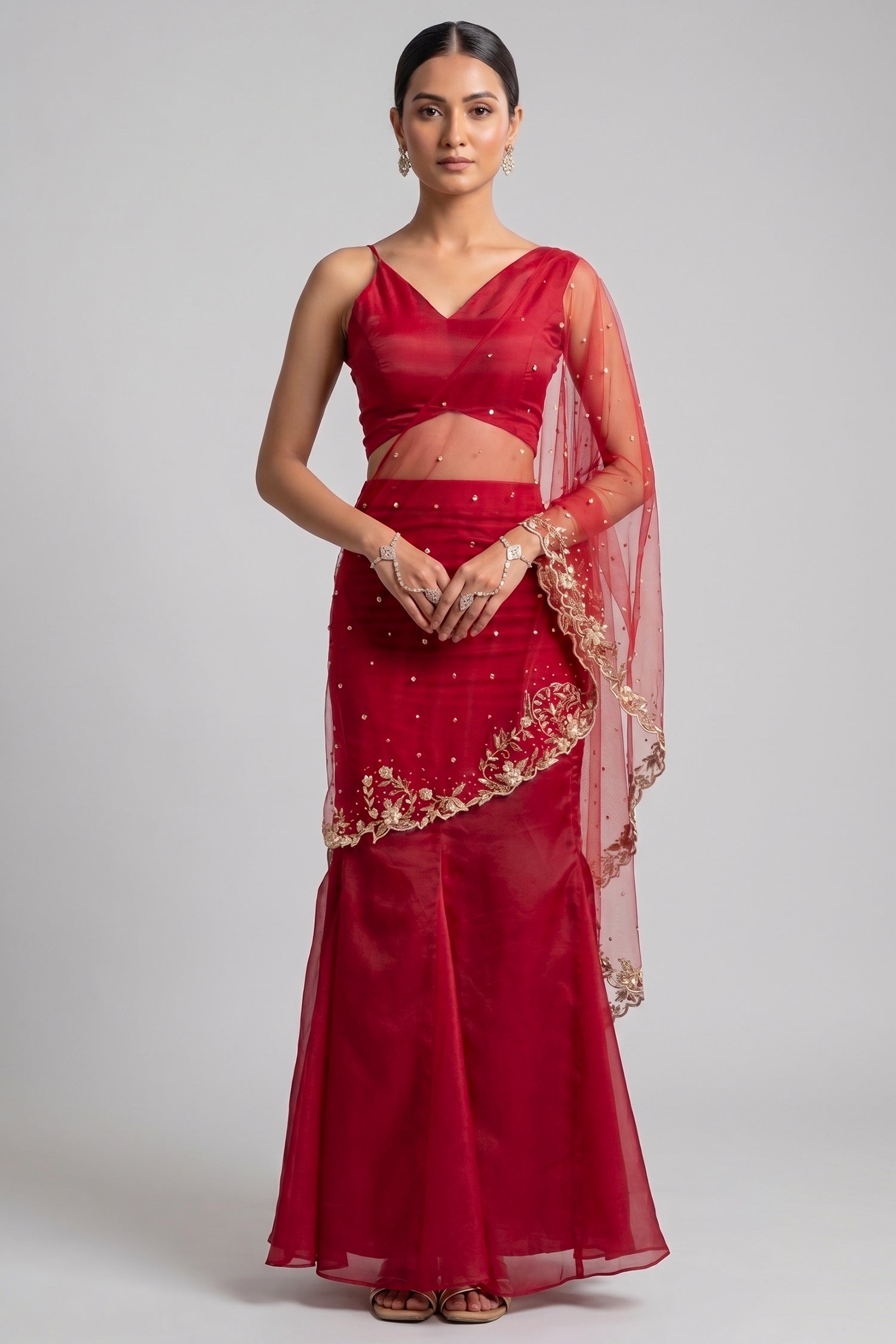 Deep Red Organza Mermaid Pearl Embellished Draped Lehenga Set