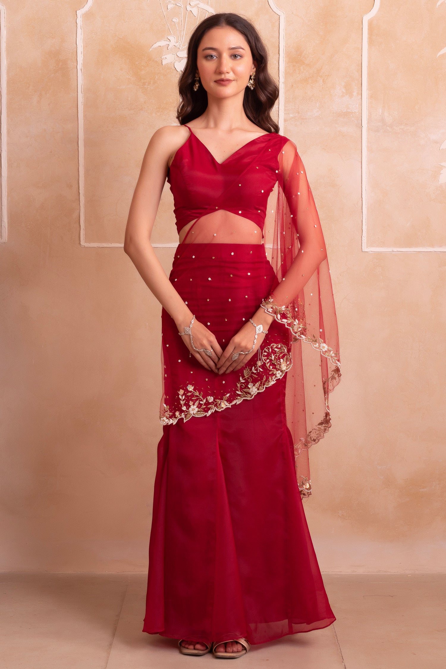 Deep Red Organza Mermaid Pearl Embellished Draped Lehenga Set