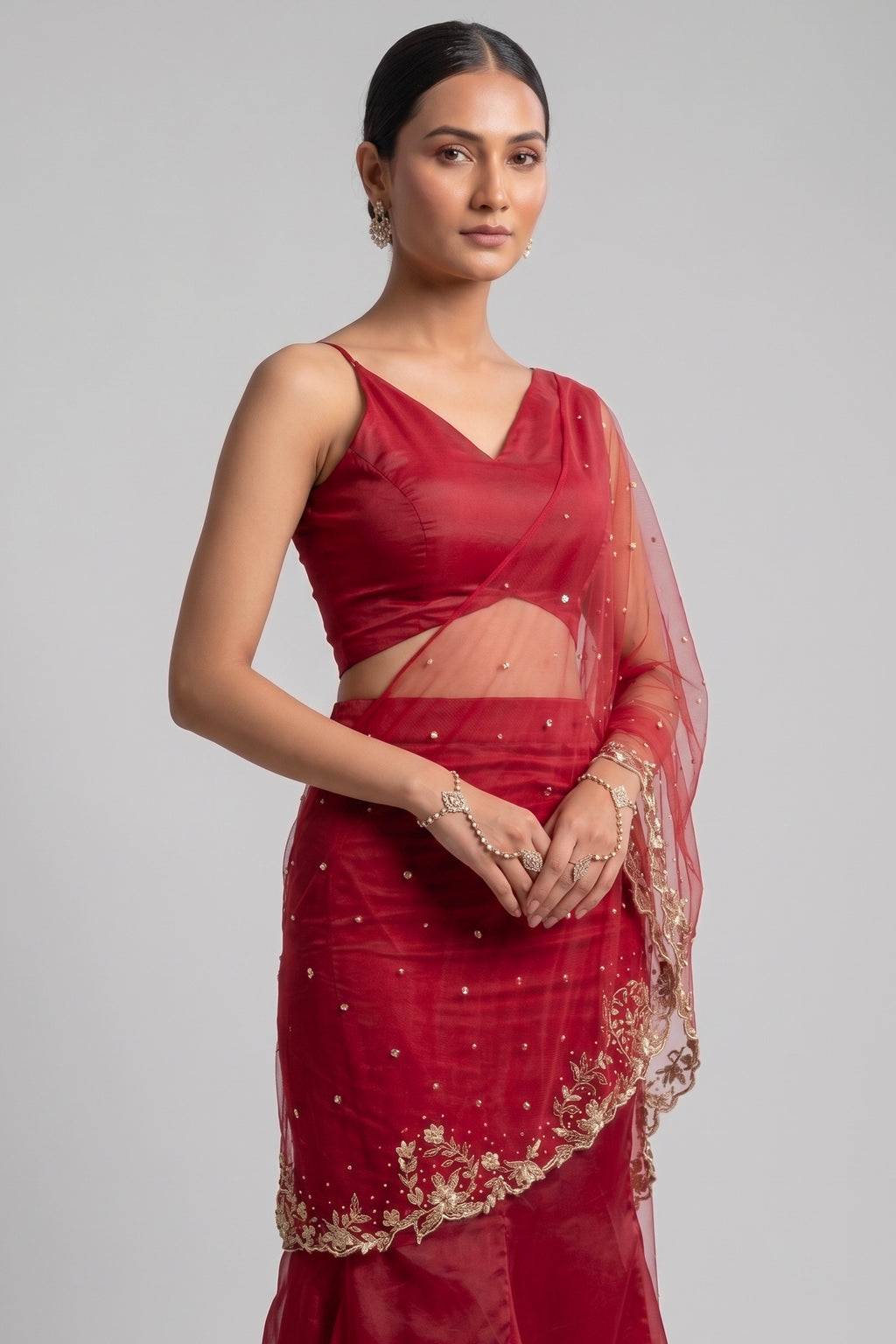 Deep Red Organza Mermaid Pearl Embellished Draped Lehenga Set