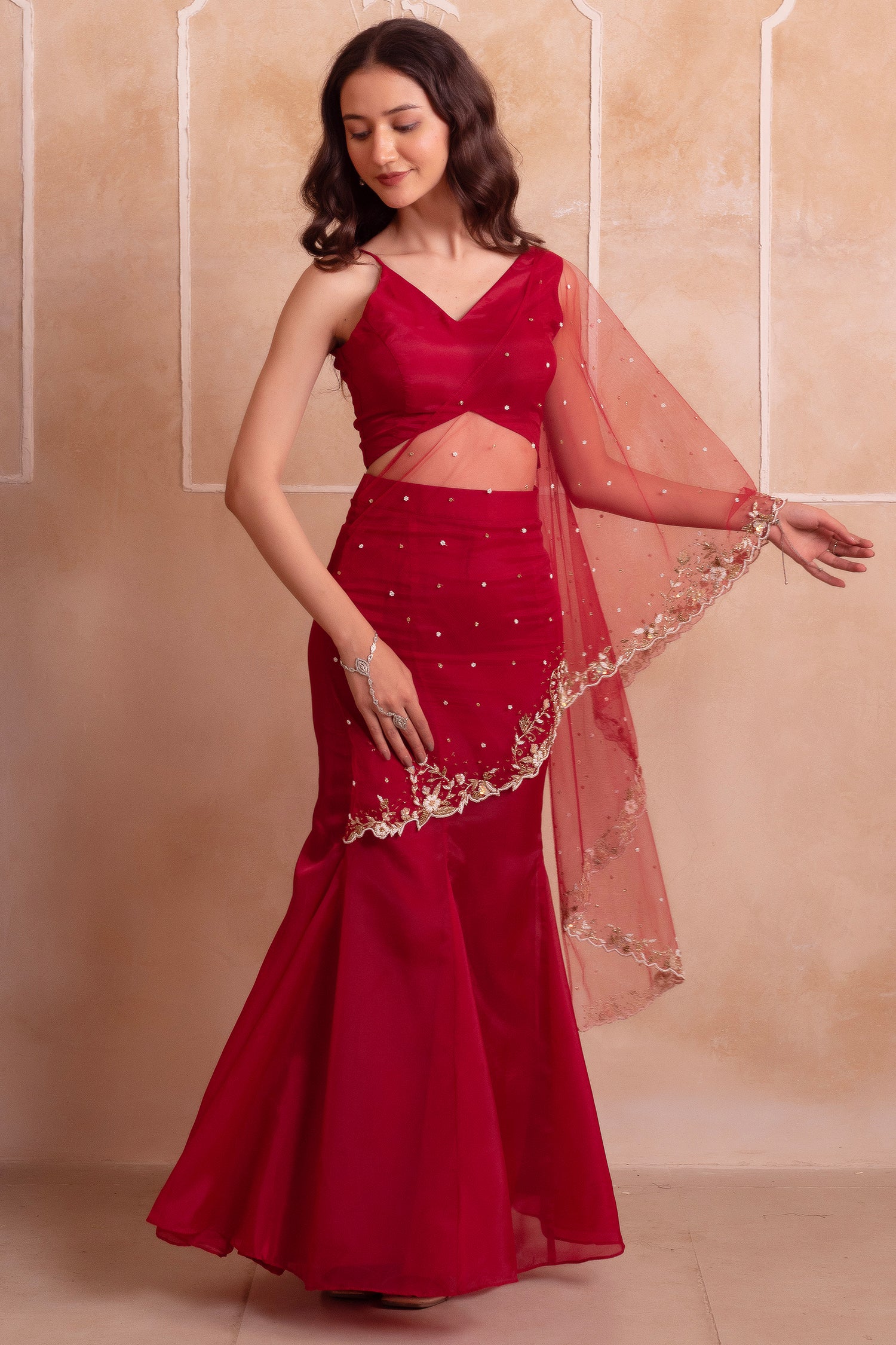 Deep Red Organza Mermaid Pearl Embellished Draped Lehenga Set