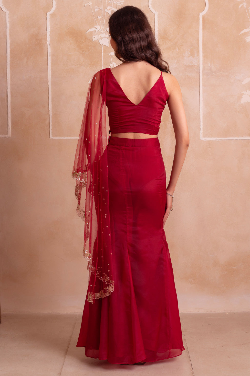 Deep Red Organza Mermaid Pearl Embellished Draped Lehenga Set