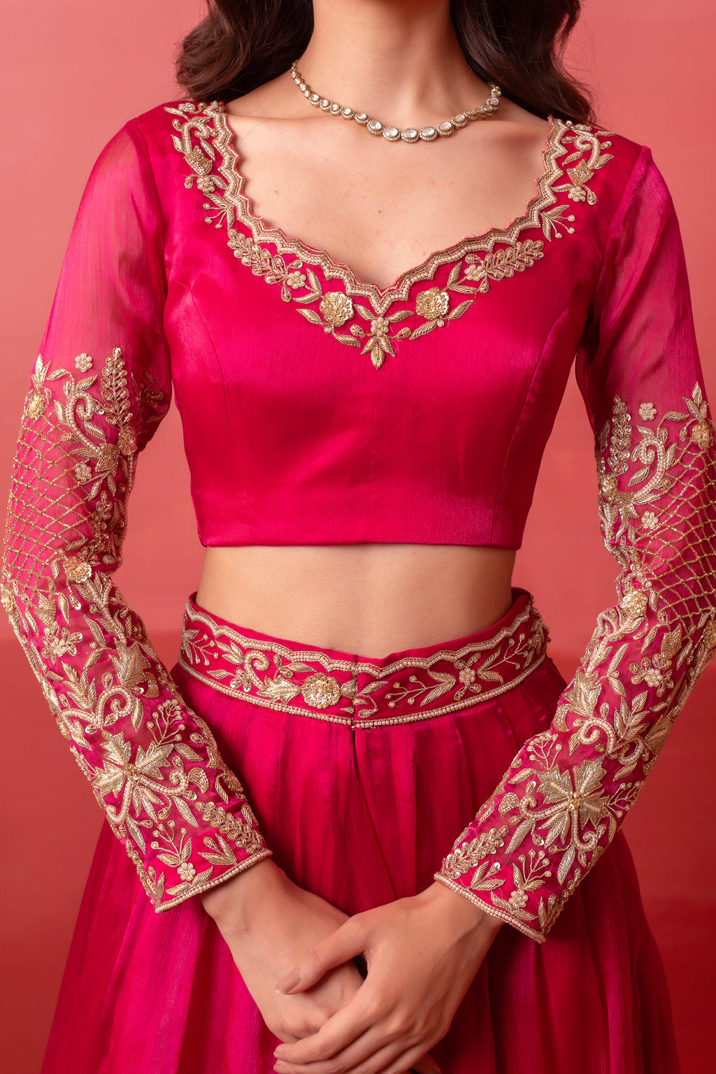Rani Pink Organza Embroidered Lehenga Choli with Gold Border