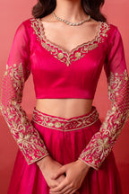 Rani Pink Organza Embroidered Lehenga Choli with Gold Border