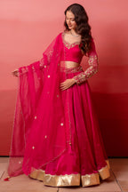 Rani Pink Organza Embroidered Lehenga Choli with Gold Border