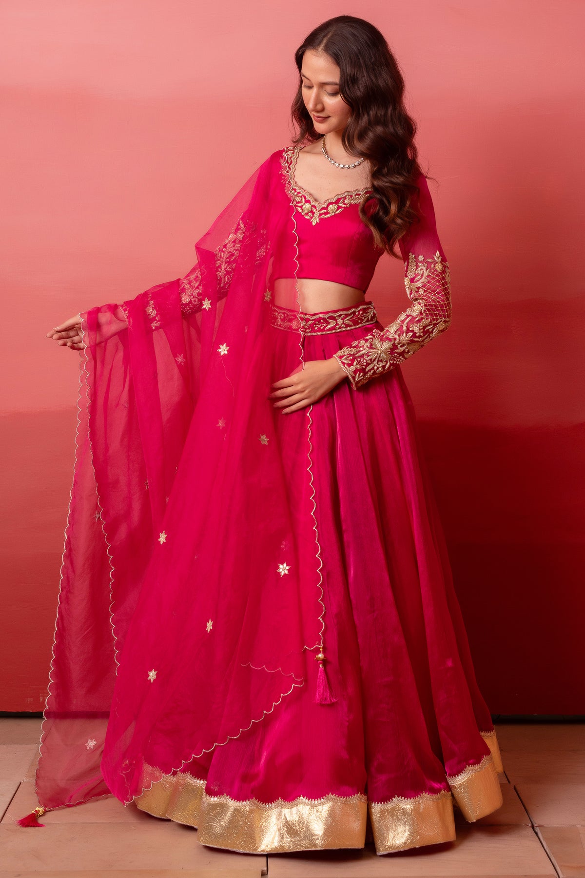 Rani Pink Organza Embroidered Lehenga Choli with Gold Border