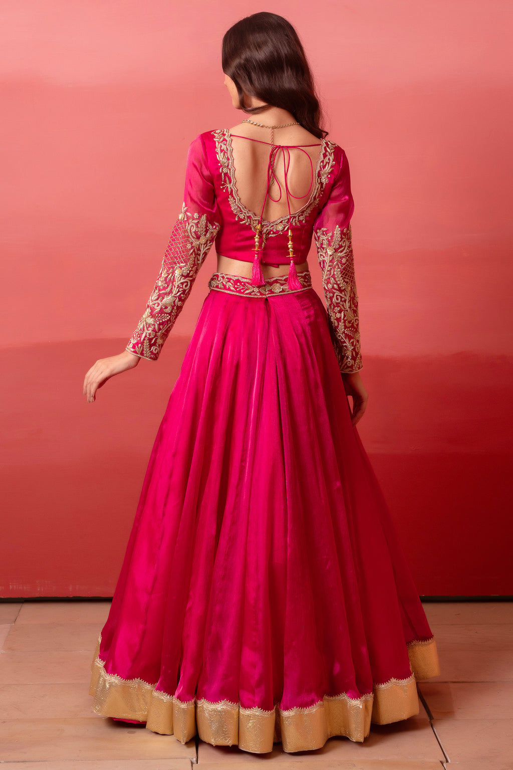 Rani Pink Organza Embroidered Lehenga Choli with Gold Border