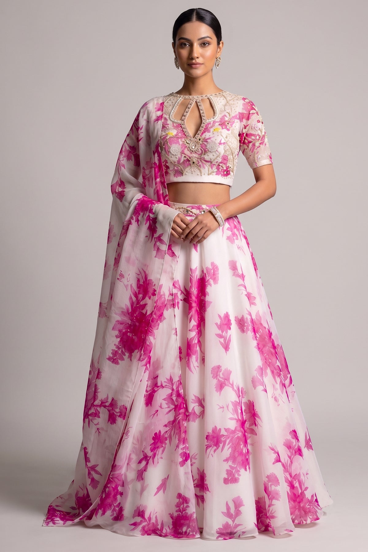 White Floral Printed Chiffon Lehenga Set with Keyhole Blouse