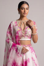 White Floral Printed Chiffon Lehenga Set with Keyhole Blouse