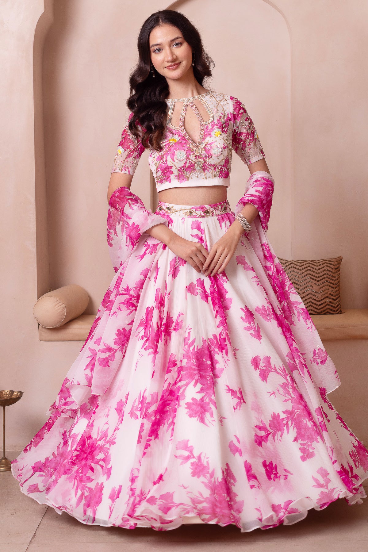 White Floral Printed Chiffon Lehenga Set with Keyhole Blouse