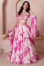White Floral Printed Chiffon Lehenga Set with Keyhole Blouse