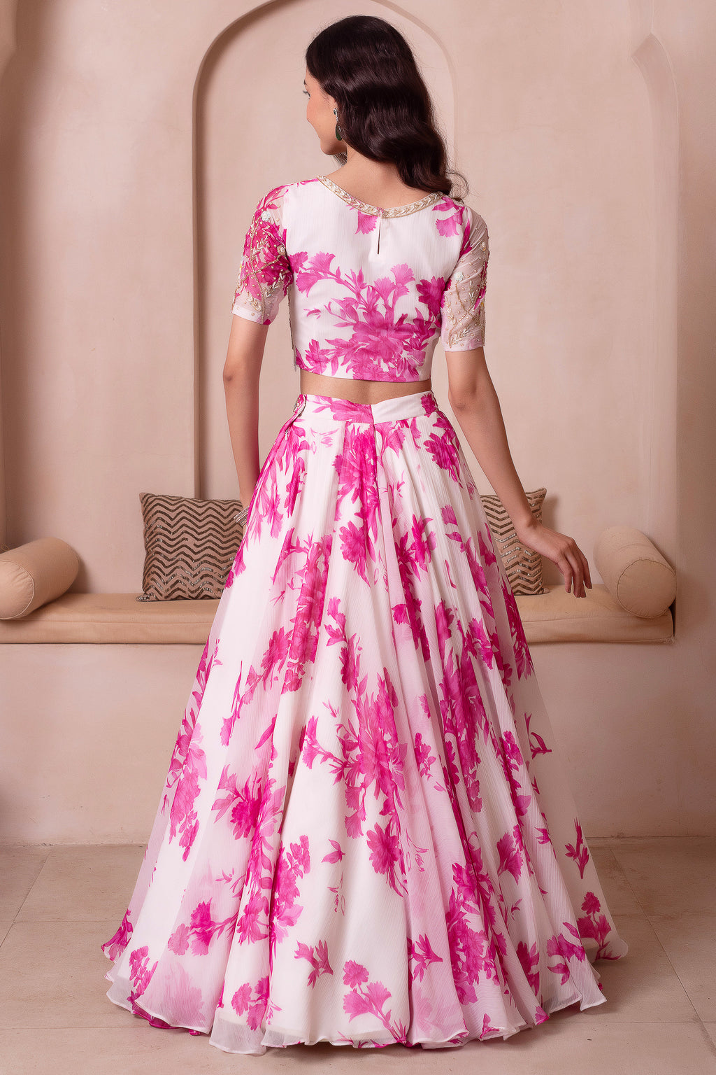 White Floral Printed Chiffon Lehenga Set with Keyhole Blouse