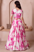White Floral Printed Chiffon Lehenga Set with Keyhole Blouse