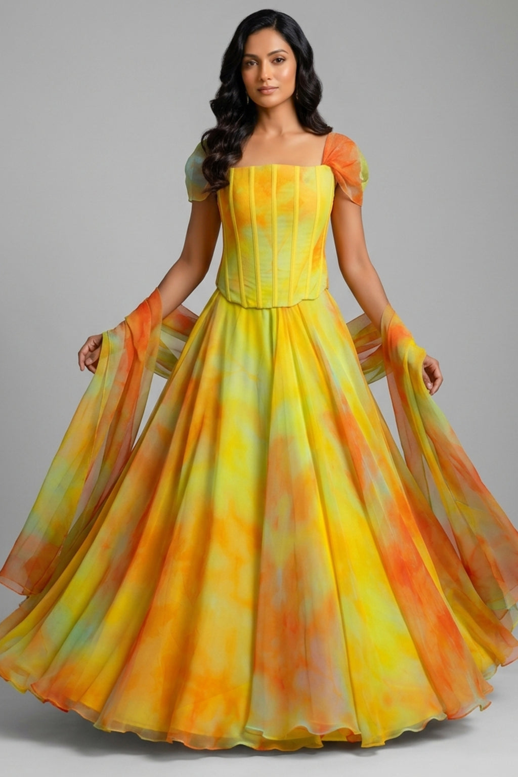 Yellow Chiffon Flared Lehenga Set with Corset Blouse
