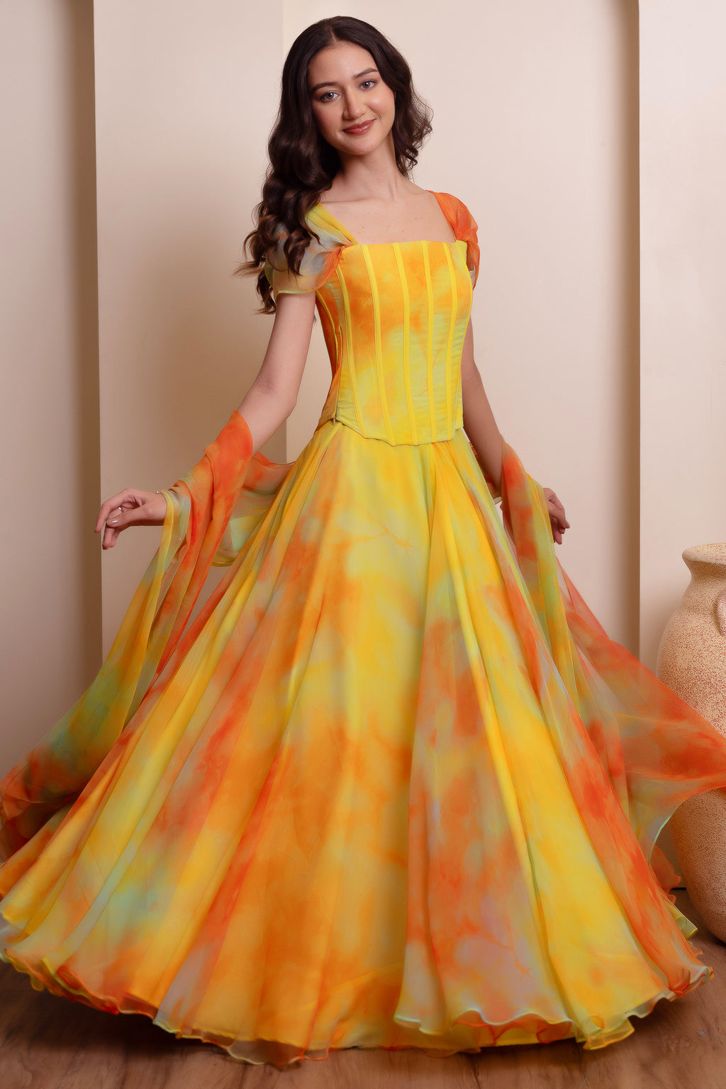 Yellow Chiffon Flared Lehenga Set with Corset Blouse