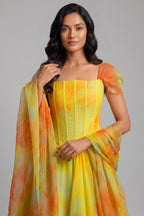 Yellow Chiffon Flared Lehenga Set with Corset Blouse