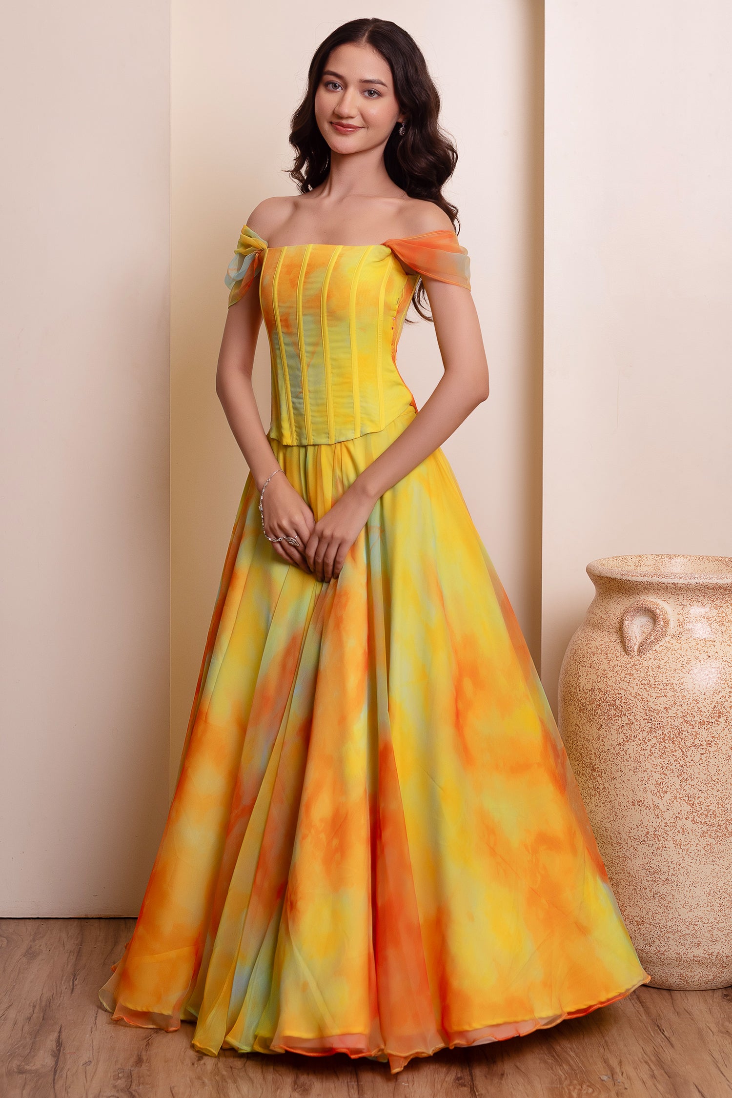 Yellow Chiffon Flared Lehenga Set with Corset Blouse