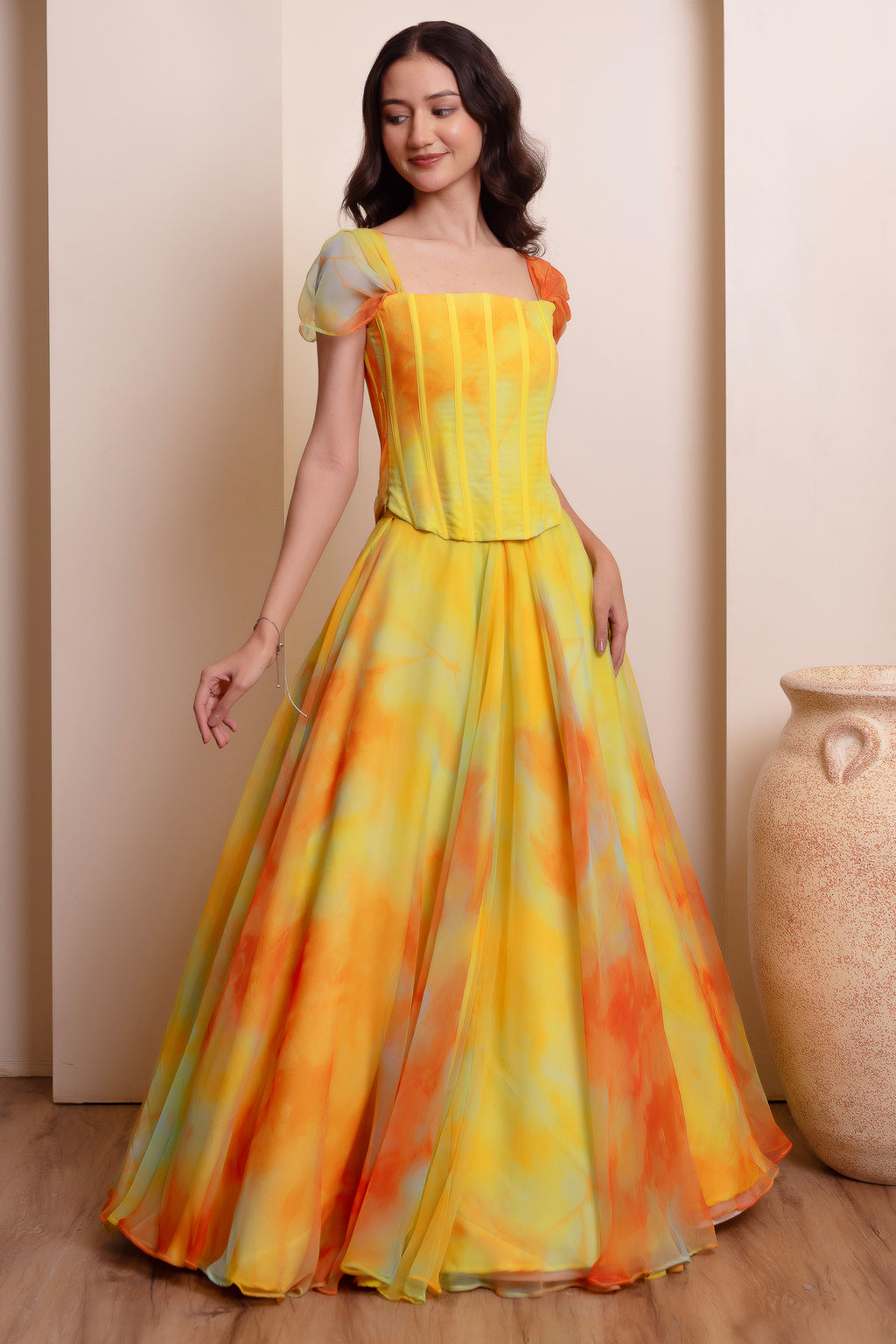 Yellow Chiffon Flared Lehenga Set with Corset Blouse
