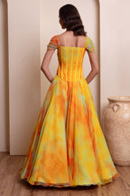 Yellow Chiffon Flared Lehenga Set with Corset Blouse