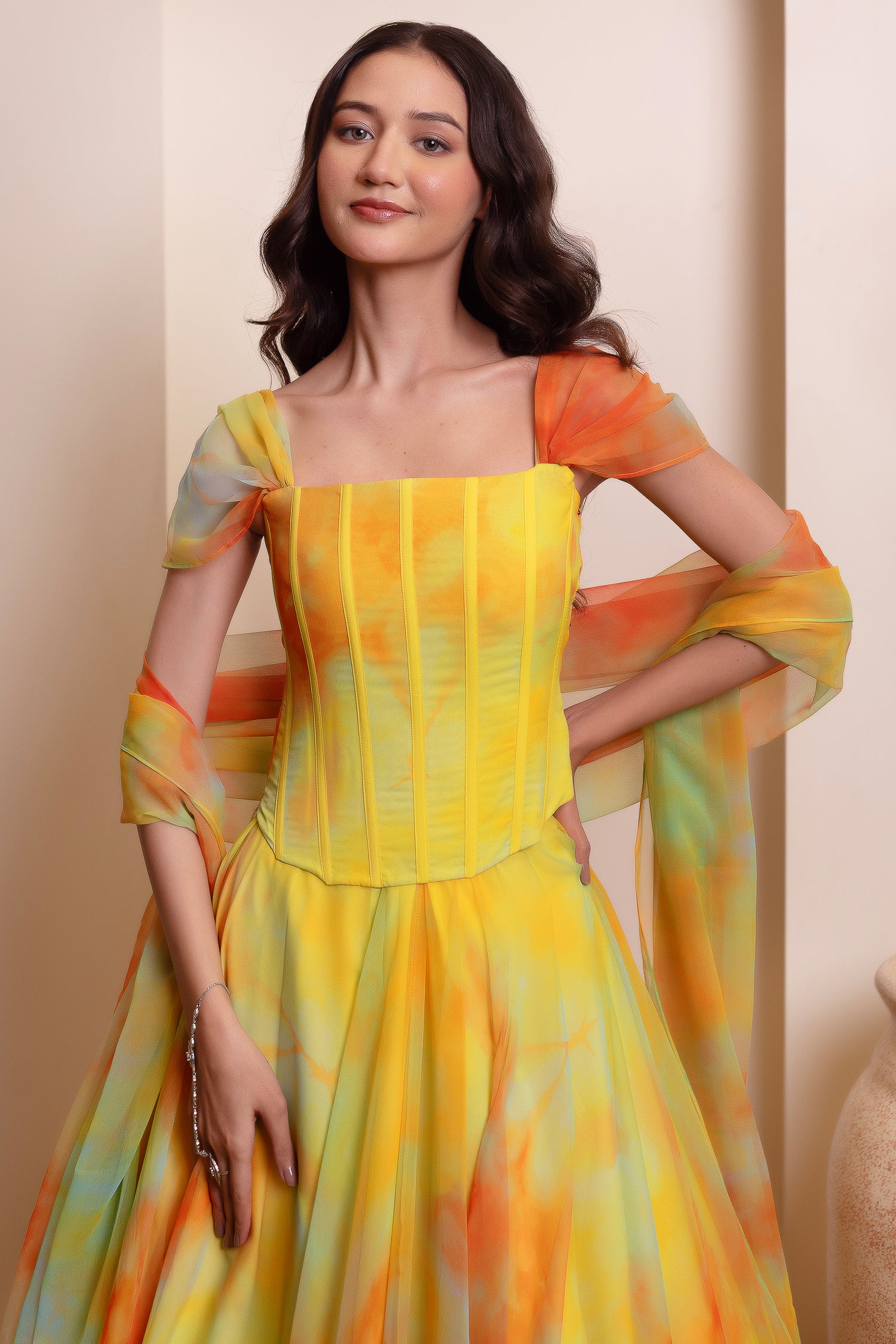 Yellow Chiffon Flared Lehenga Set with Corset Blouse