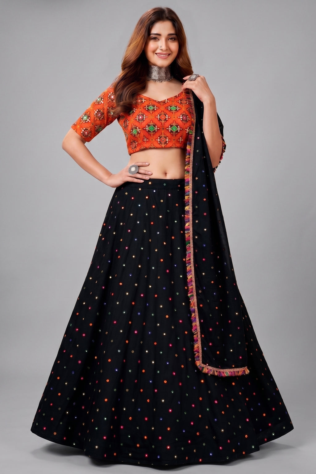 Black Rayon Chaniya Choli with Kachchi Mirror Work