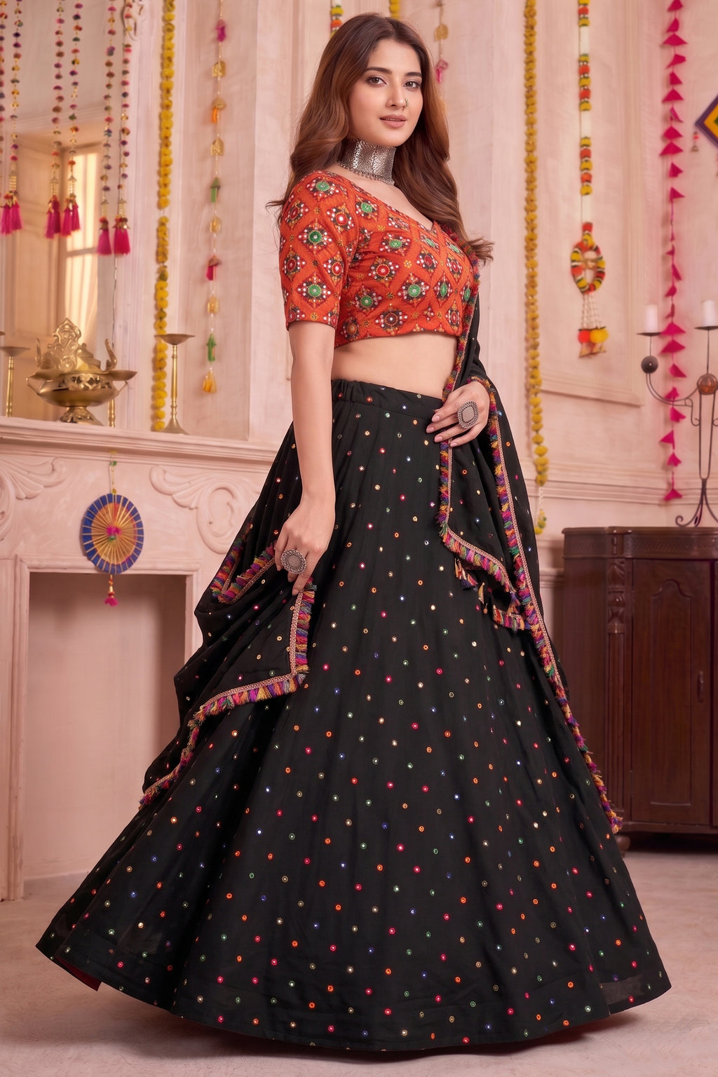 Black Rayon Chaniya Choli with Kachchi Mirror Work