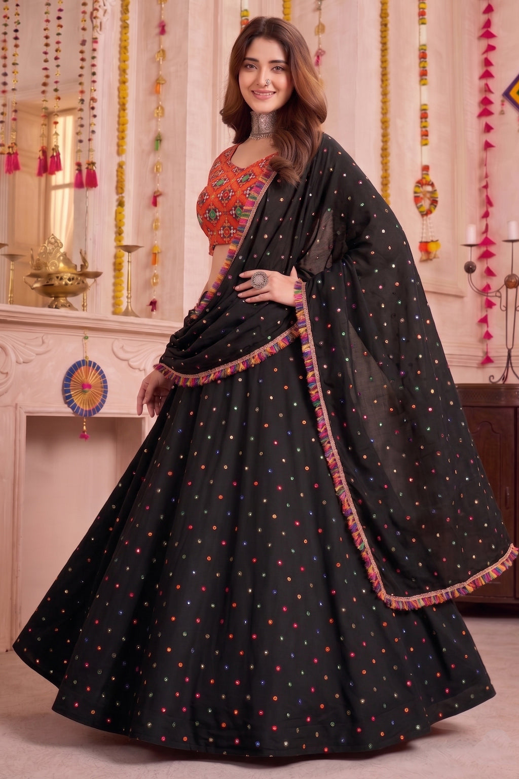 Black Rayon Chaniya Choli with Kachchi Mirror Work