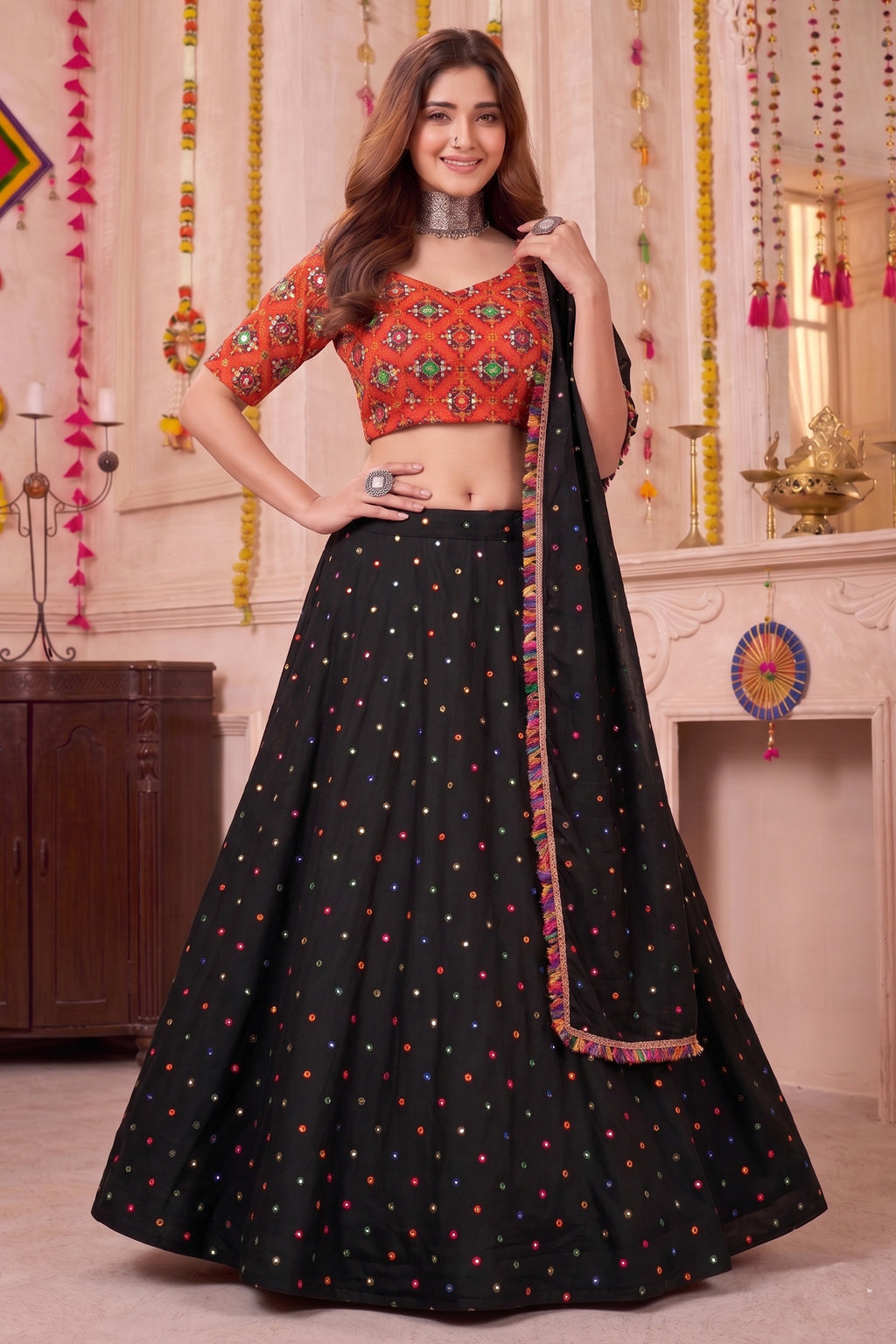 Black Rayon Chaniya Choli with Kachchi Mirror Work