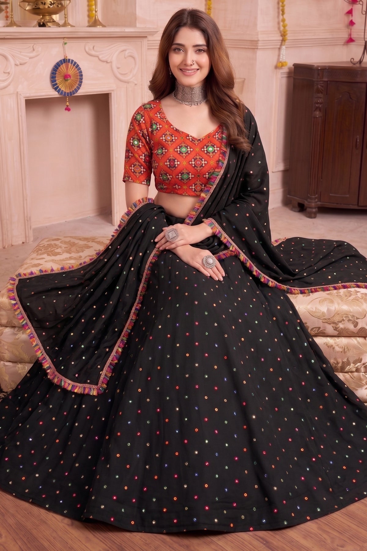 Black Rayon Chaniya Choli with Kachchi Mirror Work
