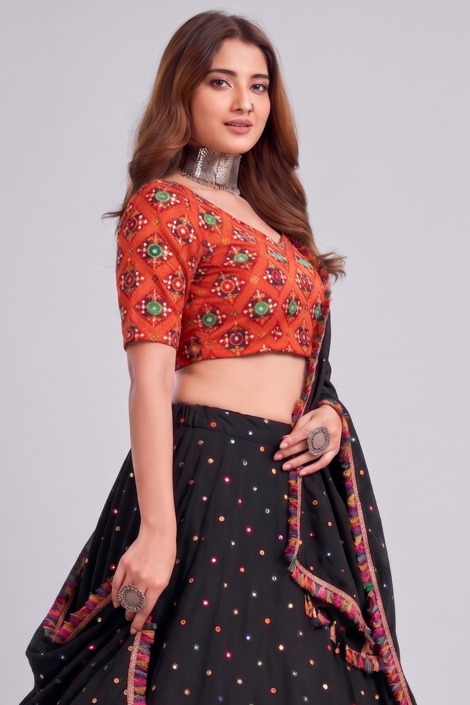 Black Rayon Chaniya Choli with Kachchi Mirror Work Secondary image