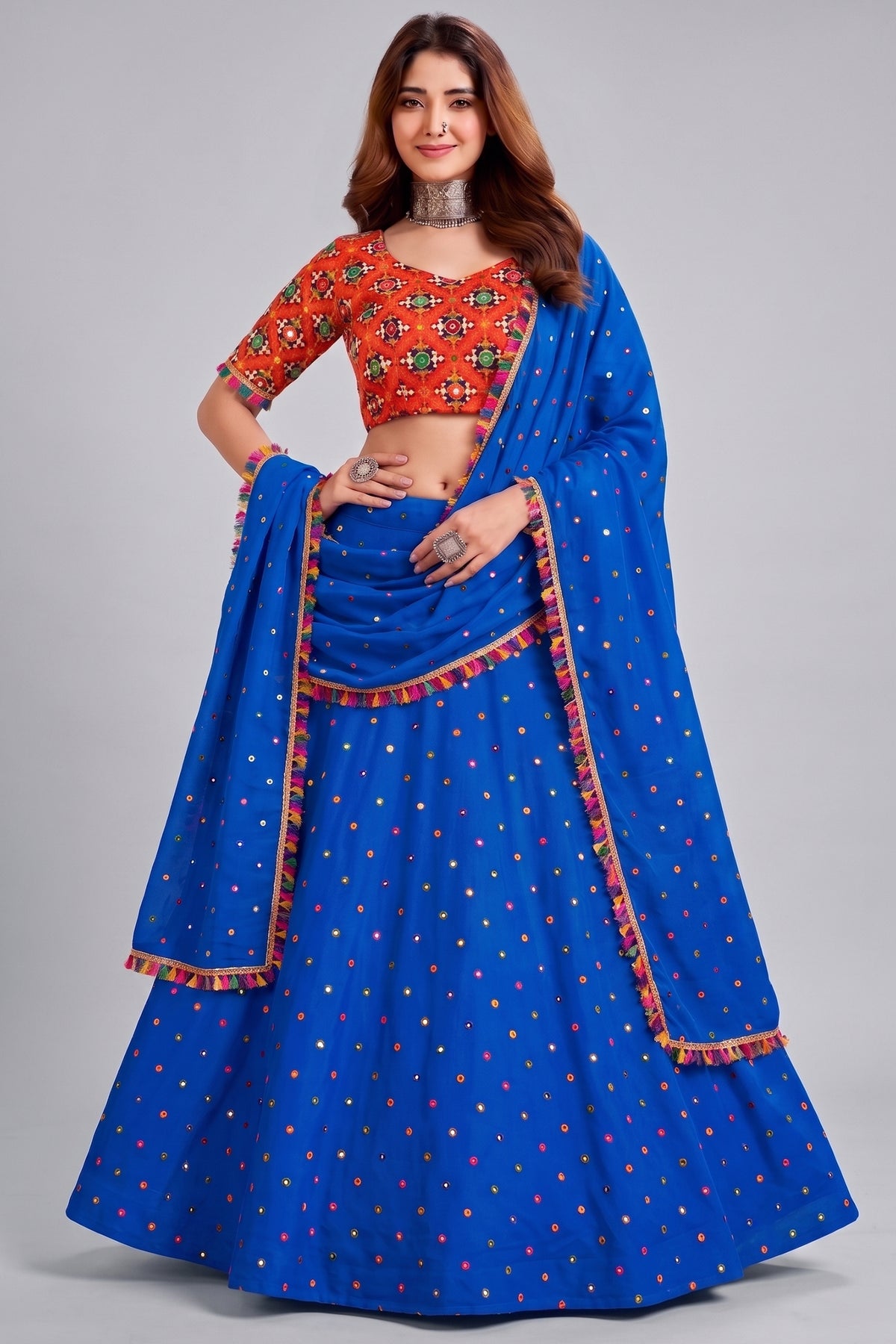 Blue Rayon Chaniya Choli with Kachchi Mirror Work