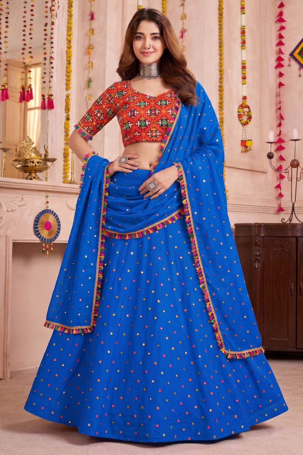 Blue Rayon Chaniya Choli with Kachchi Mirror Work