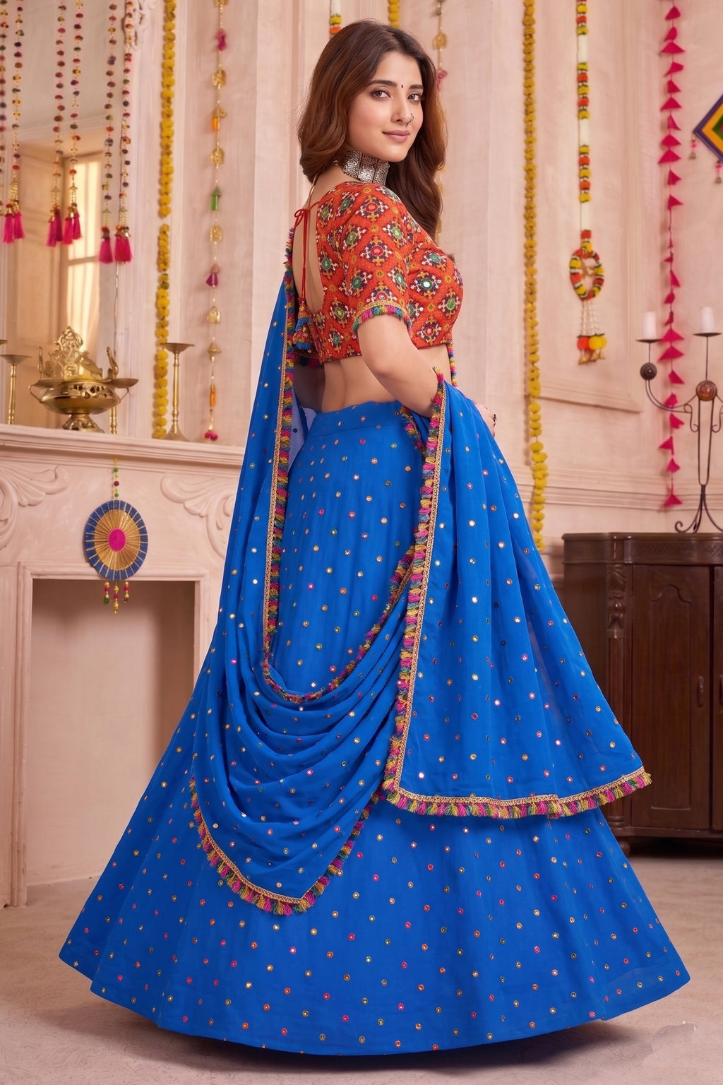 Blue Rayon Chaniya Choli with Kachchi Mirror Work