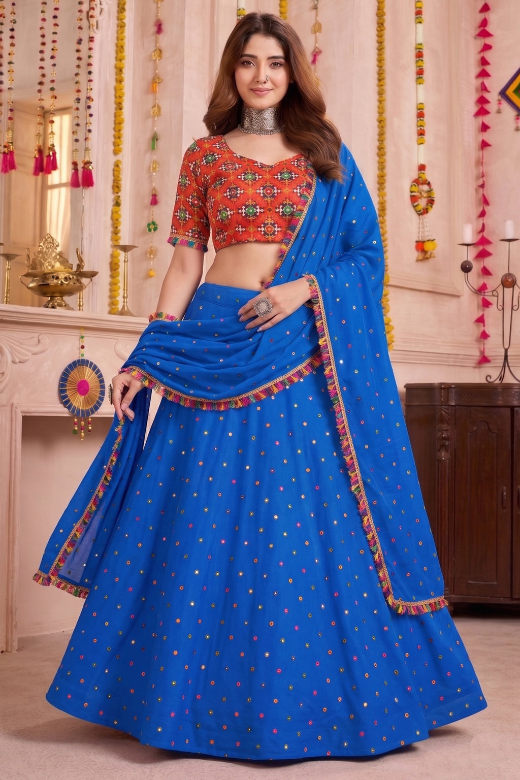 Blue Rayon Chaniya Choli with Kachchi Mirror Work