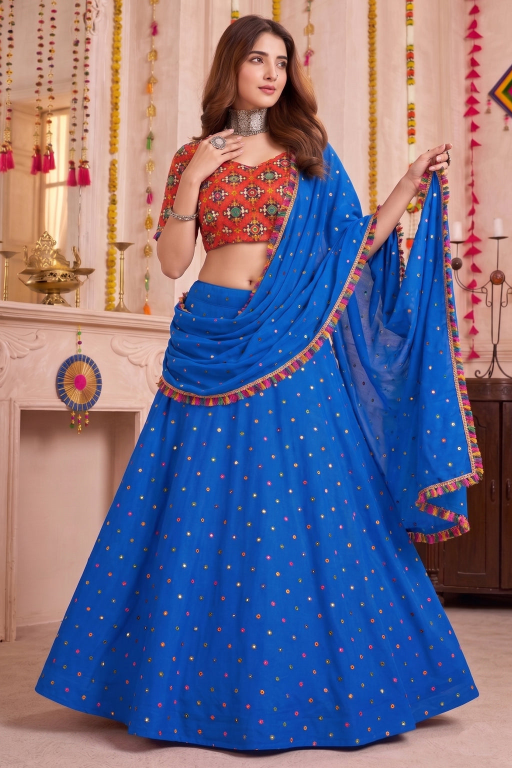 Blue Rayon Chaniya Choli with Kachchi Mirror Work