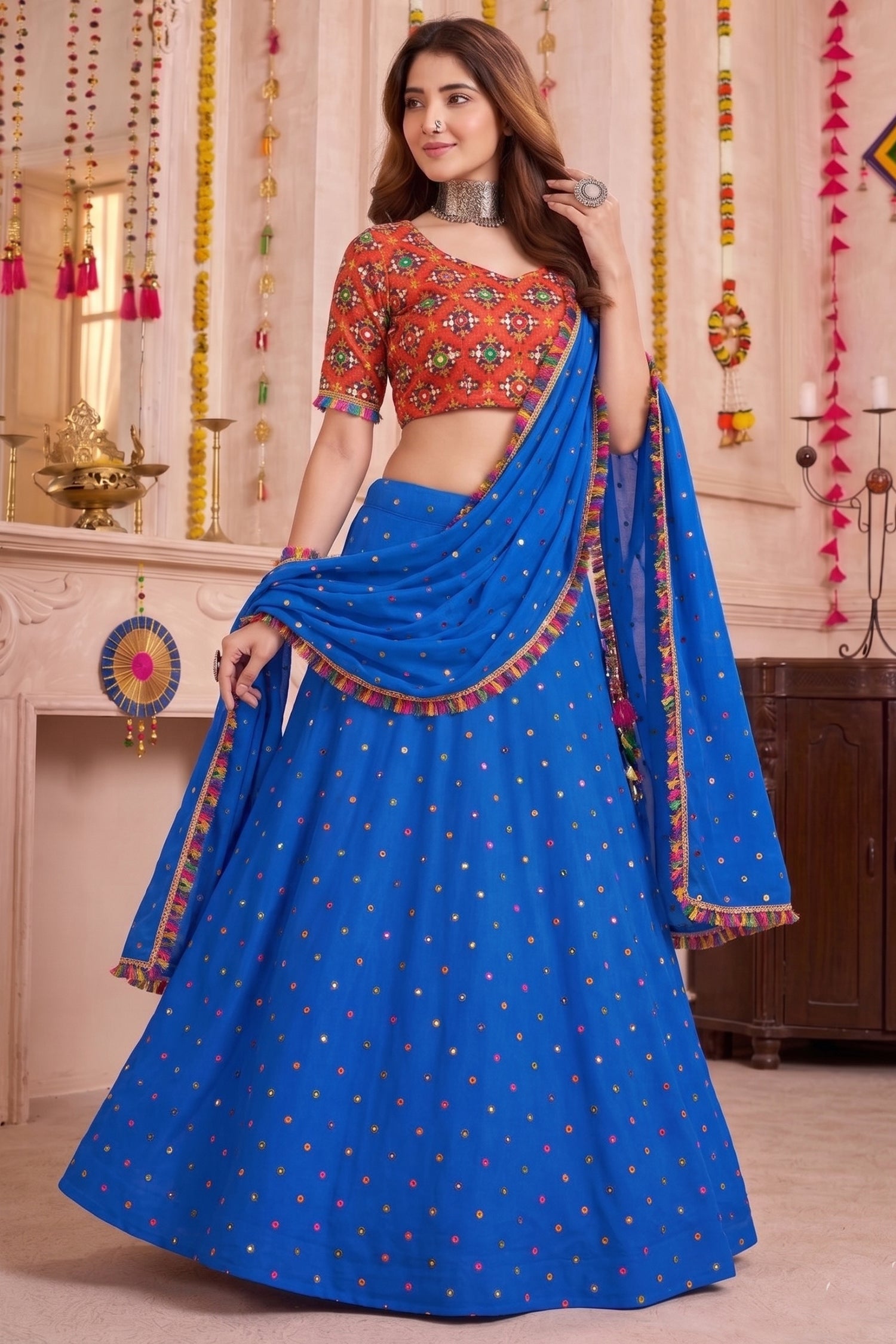 Blue Rayon Chaniya Choli with Kachchi Mirror Work
