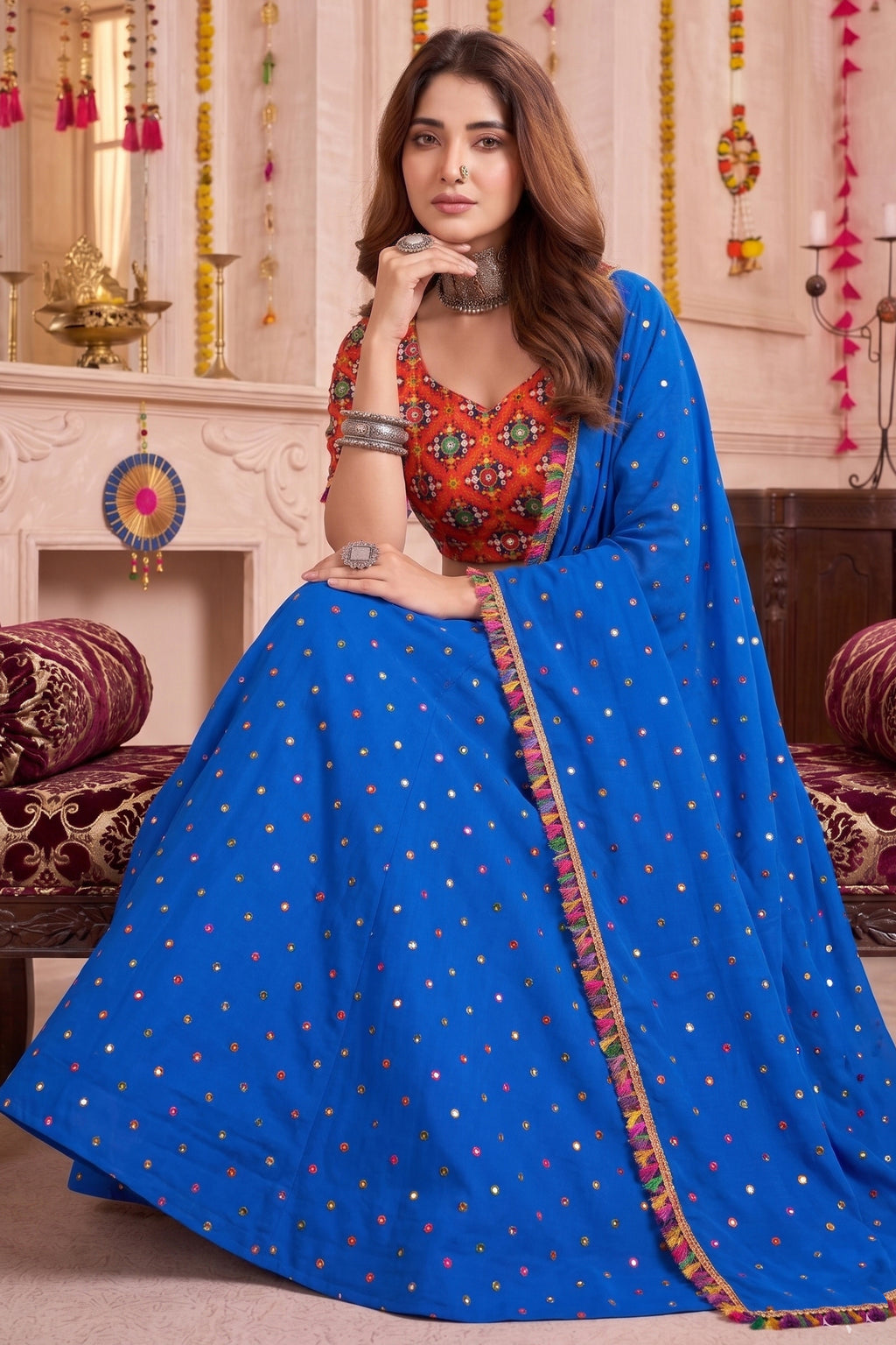 Blue Rayon Chaniya Choli with Kachchi Mirror Work