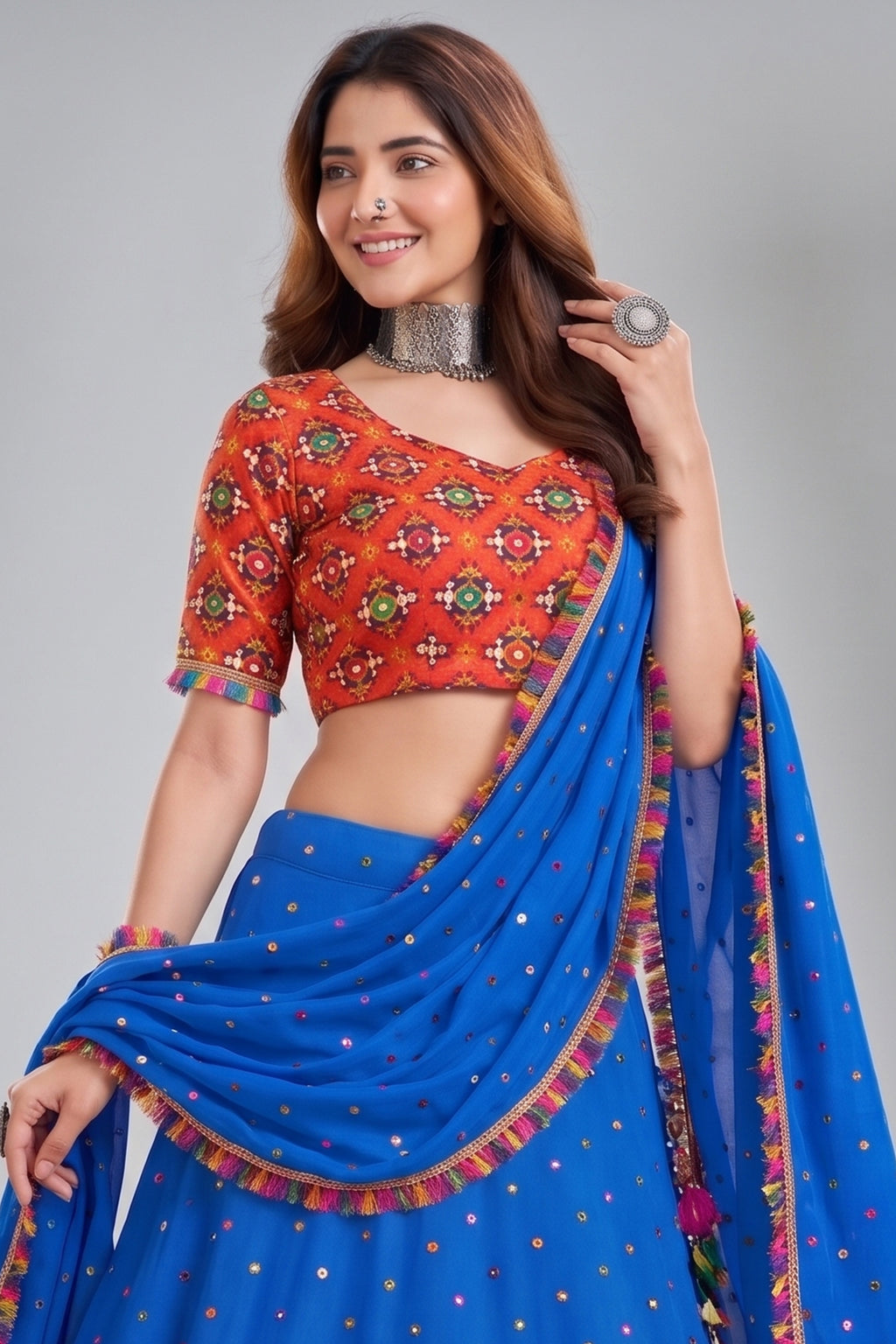 Blue Rayon Chaniya Choli with Kachchi Mirror Work