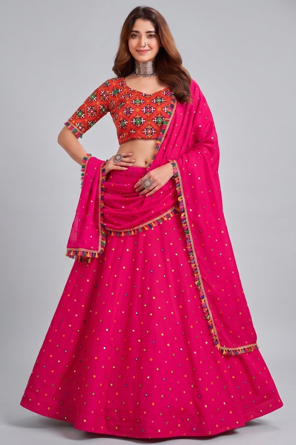 Pink Rayon Chaniya Choli with Kachchi Mirror Work