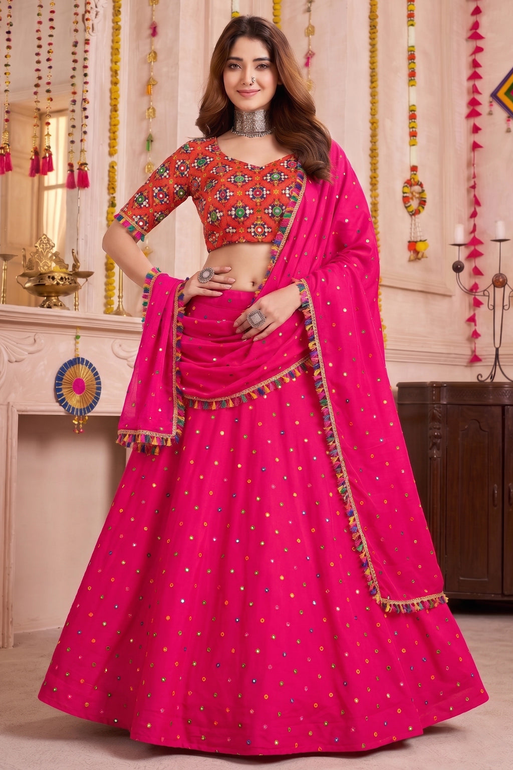 Pink Rayon Chaniya Choli with Kachchi Mirror Work