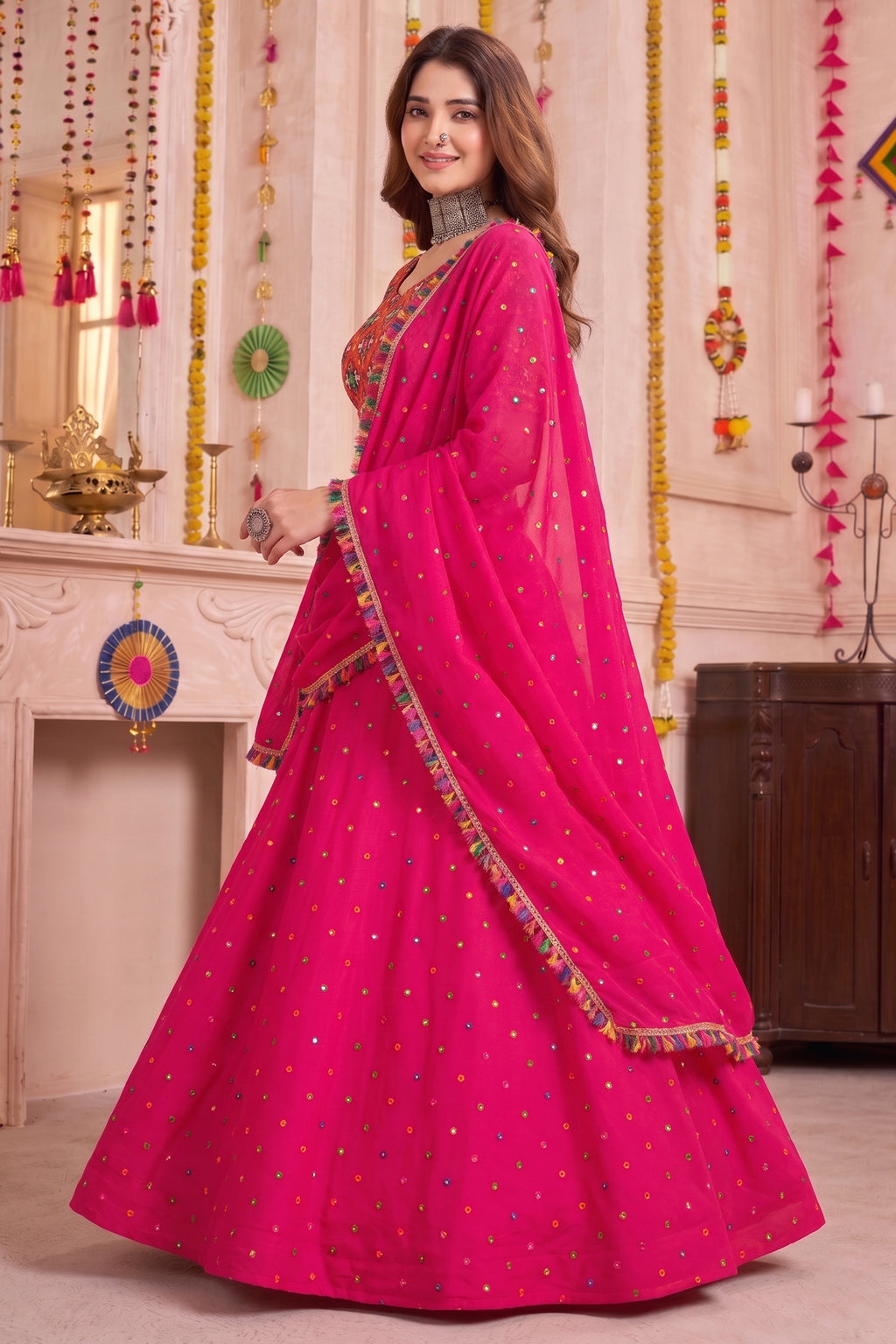 Pink Rayon Chaniya Choli with Kachchi Mirror Work