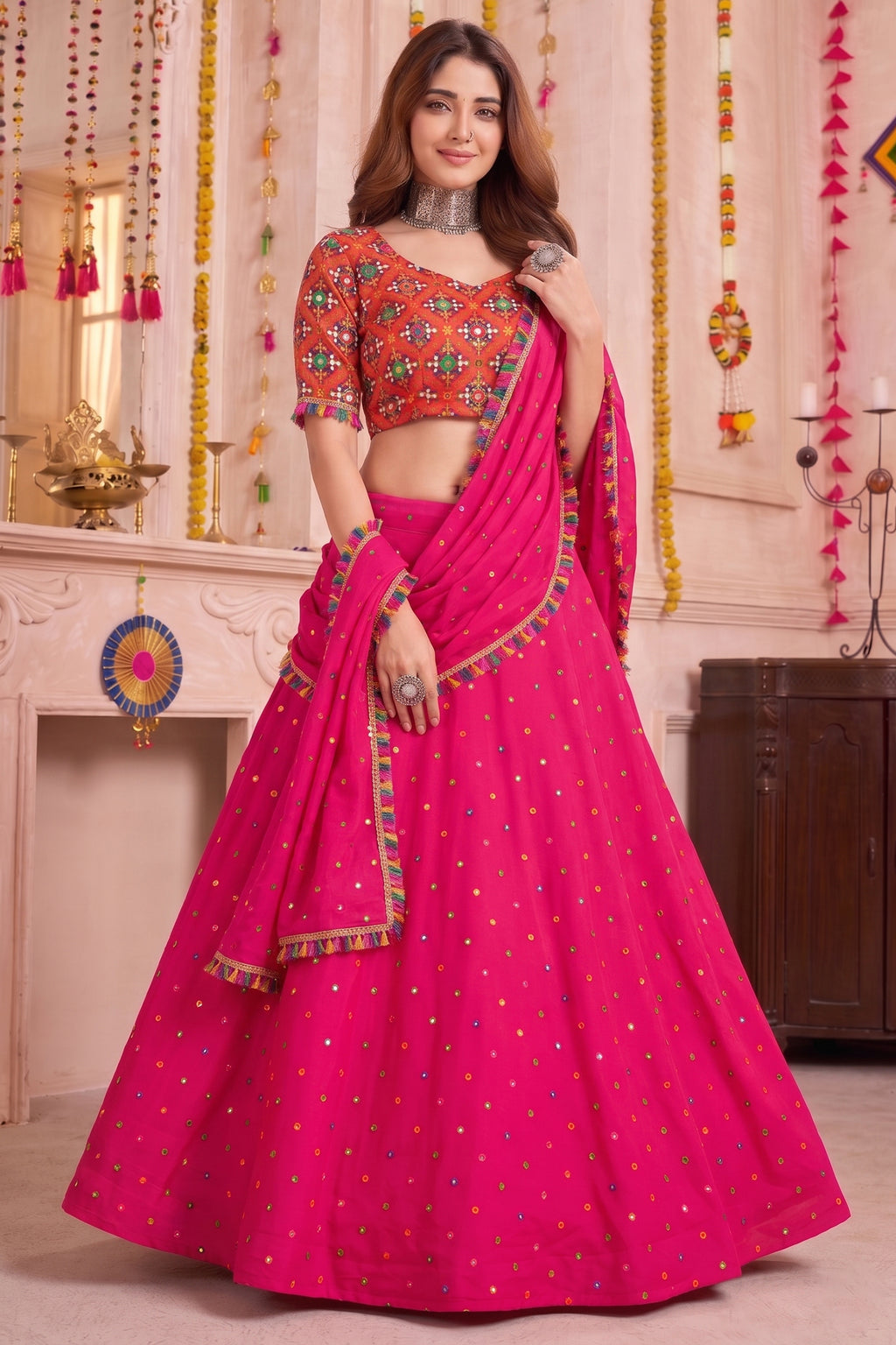 Pink Rayon Chaniya Choli with Kachchi Mirror Work