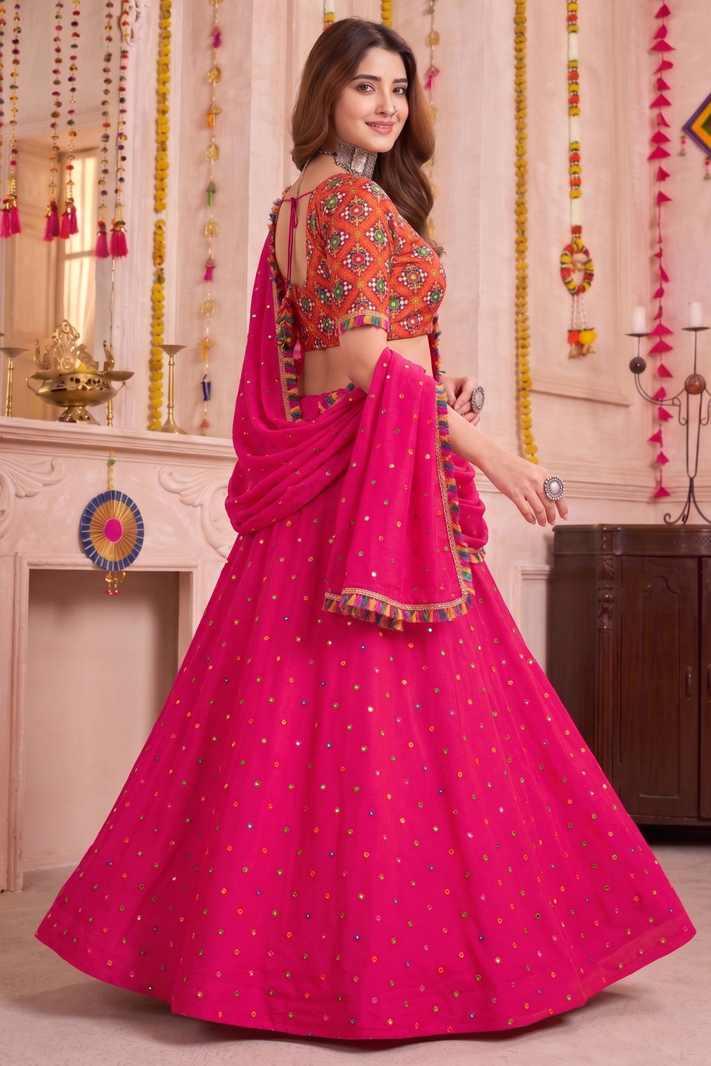 Pink Rayon Chaniya Choli with Kachchi Mirror Work
