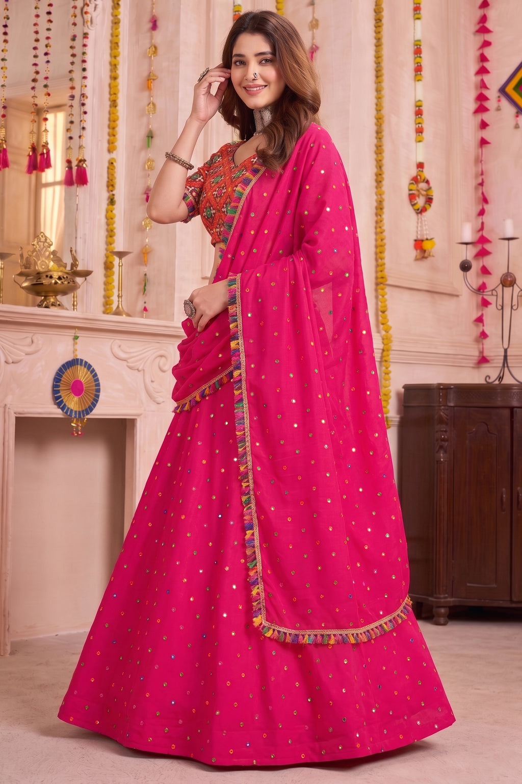 Pink Rayon Chaniya Choli with Kachchi Mirror Work