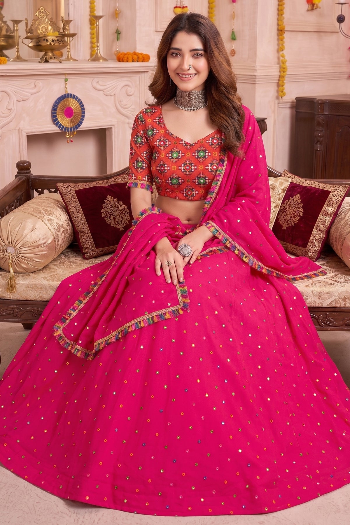 Pink Rayon Chaniya Choli with Kachchi Mirror Work