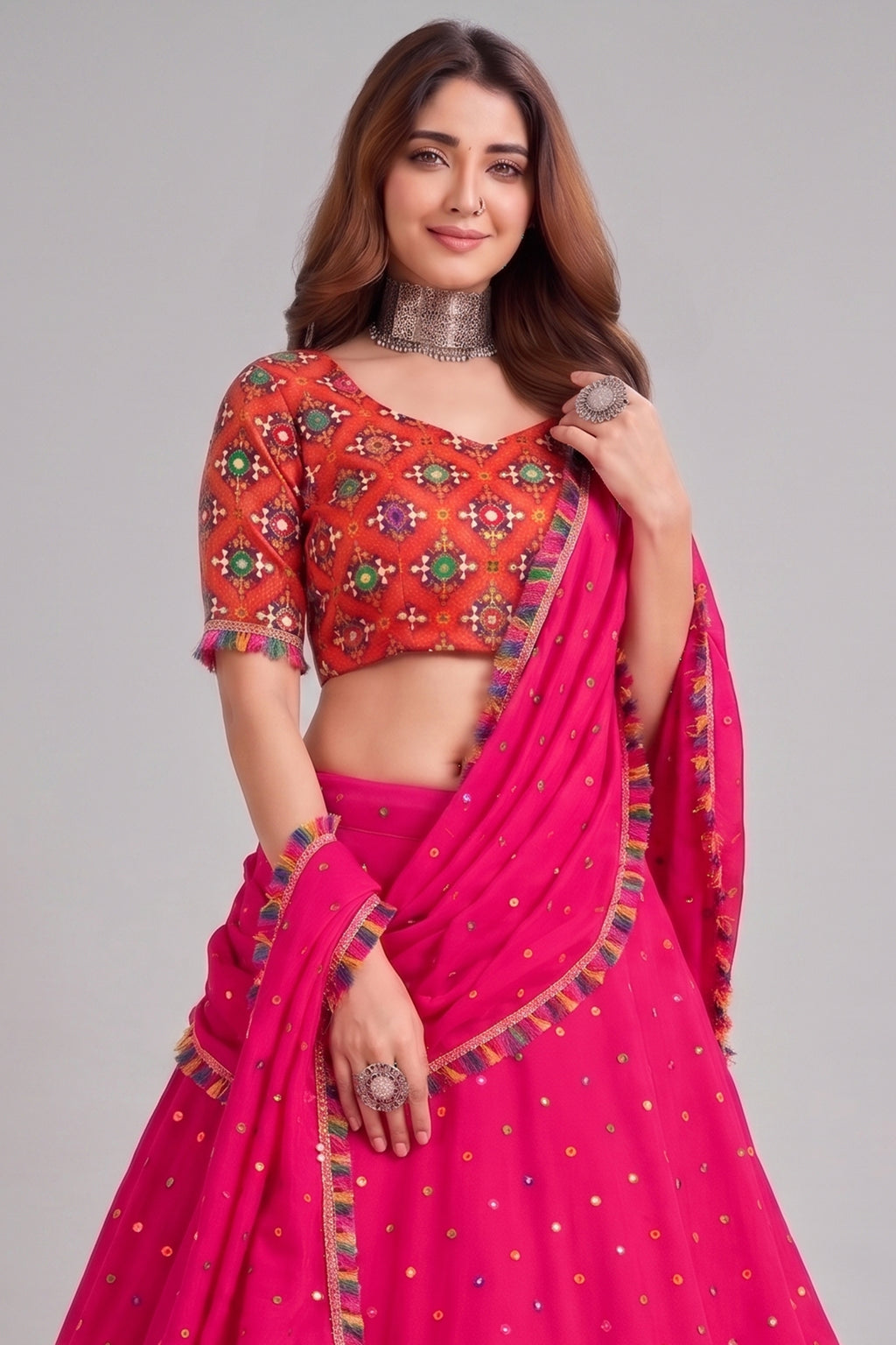 Pink Rayon Chaniya Choli with Kachchi Mirror Work
