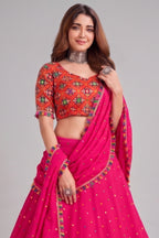 Pink Rayon Chaniya Choli with Kachchi Mirror Work
